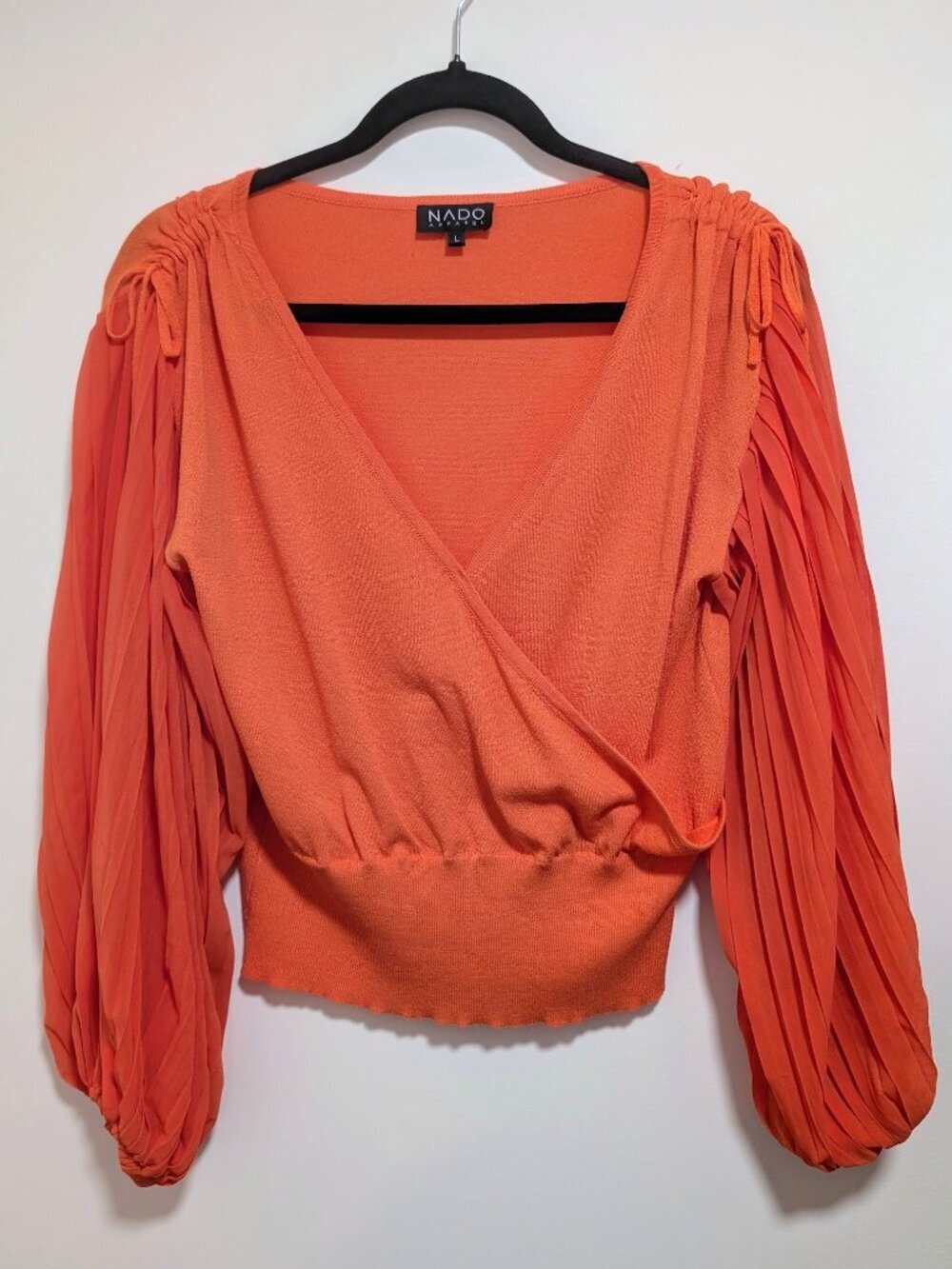 NADO Apparel | Pleated Balloon Sleeve Surplice Blouse In Burnt Orange